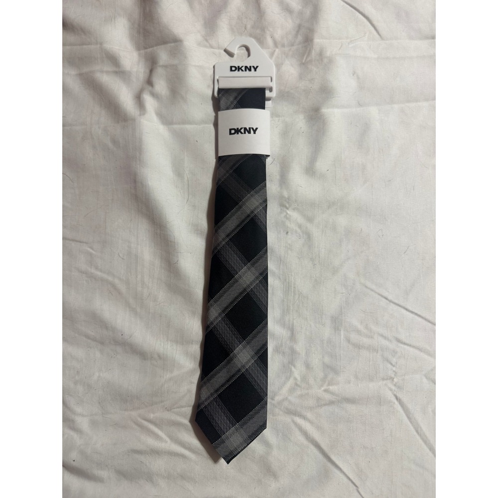 DKNY Boys Tie Black Grey Plaid Pattern Formal Necktie New
